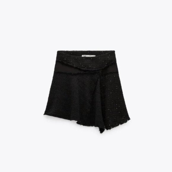 NWT Zara black textured sequin & semi-sheer frayed mini skirt, M - Picture 3 of 13